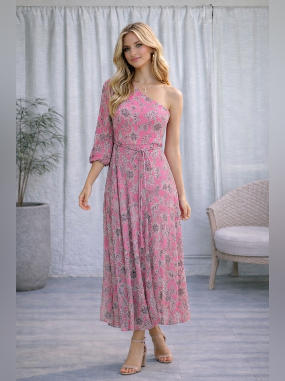 Taylor Pink Floral One Shoulder Midi Dress | Size 6